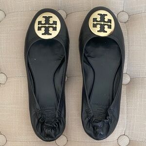 Tory Burch Black Flats with Gold Emblem